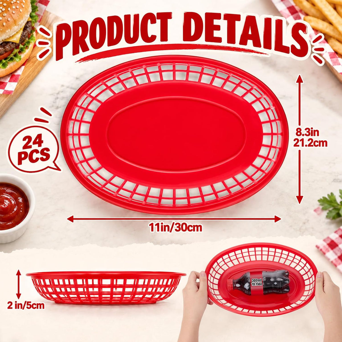 24 Pack Large Oval Serving Plastic Fast Food Baskets, Red