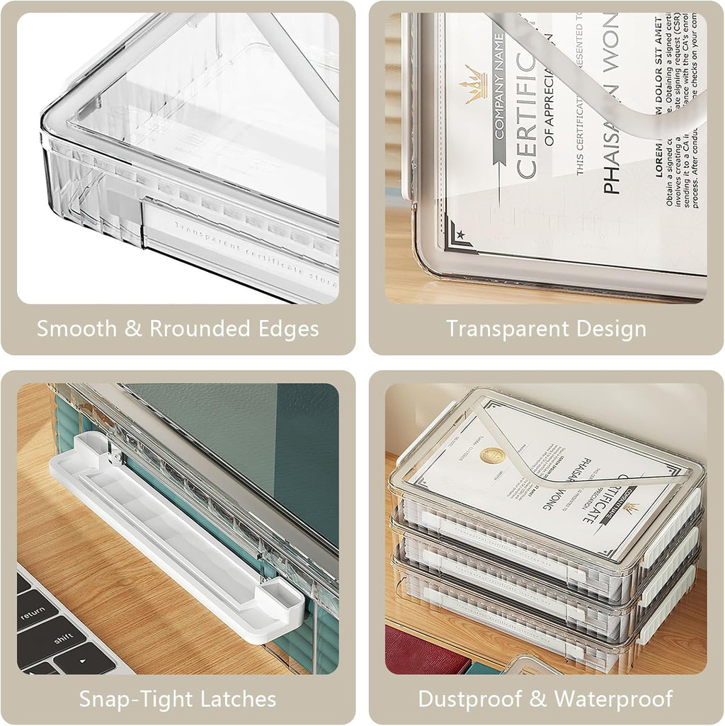 Clear File Storage Box Portable Project Case with Handle Plastic Storage Container with Lid Stackable Flat Storage