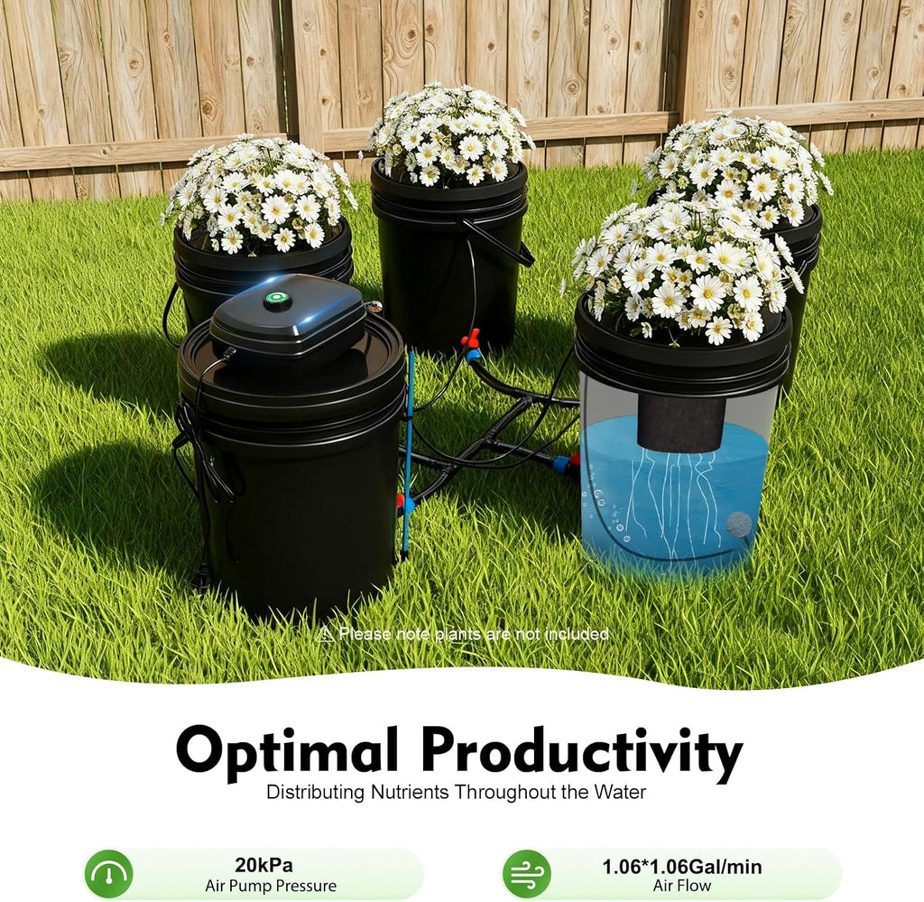20L/5.28Gal DWC Hydroponic System Kit, DWC Growing System Kit with Reservoir Bucket and 4 Planting Buckets