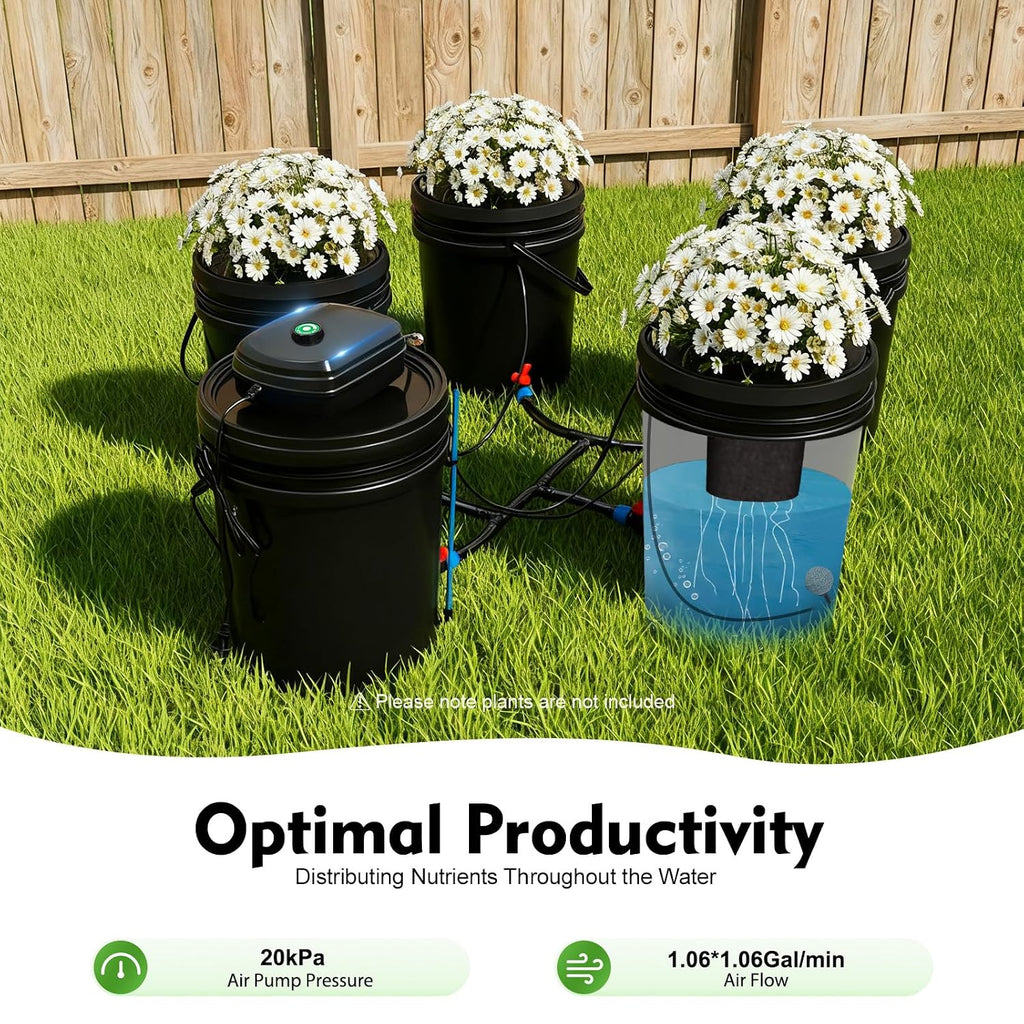 DWC Hydroponic System 5 Gal 5 Buckets - Recirculating Deep Water Culture Kit with12W Air Pump, 4×4L/min Air Stone, 6m