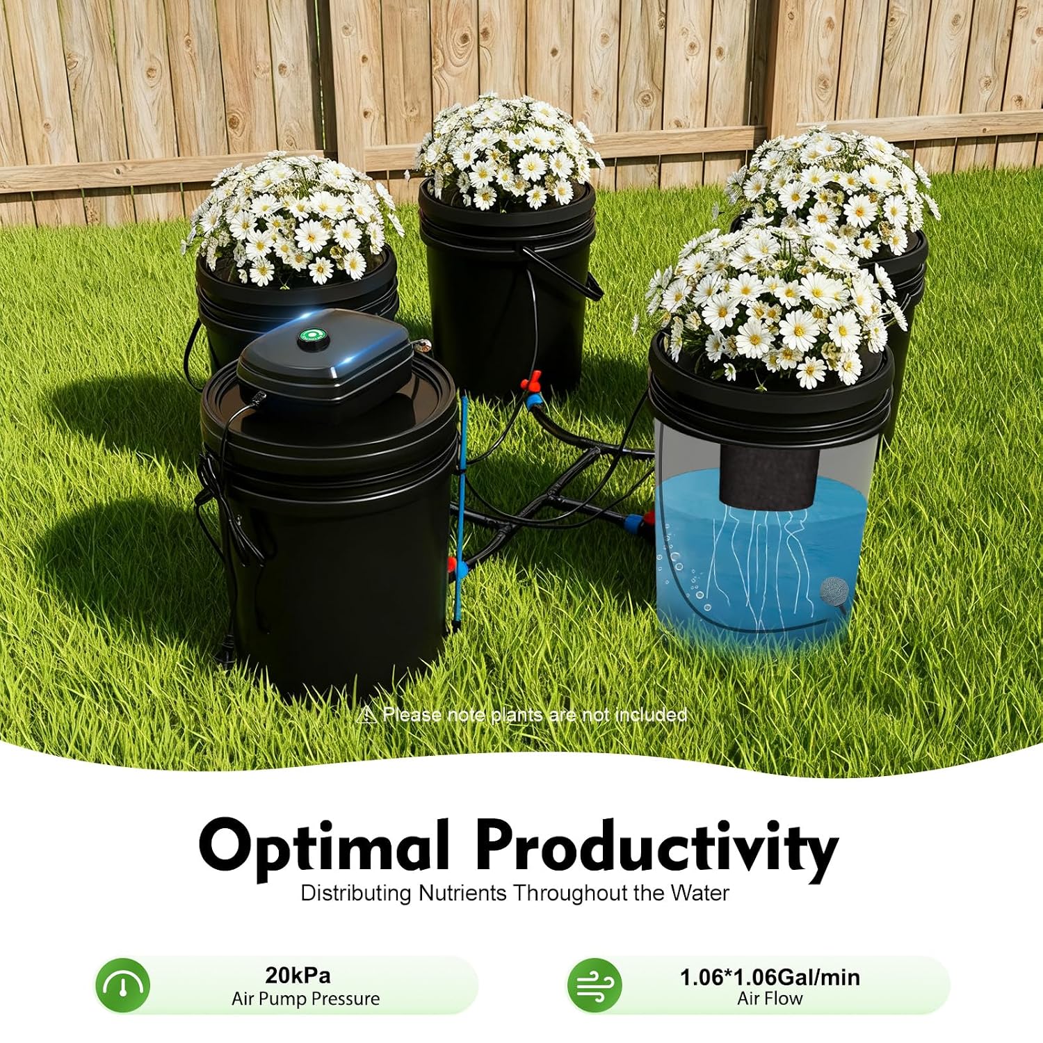 DWC Hydroponic System 5 Gal 5 Buckets - Recirculating Deep Water Culture Kit with12W Air Pump, 4×4L/min Air Stone, 6m