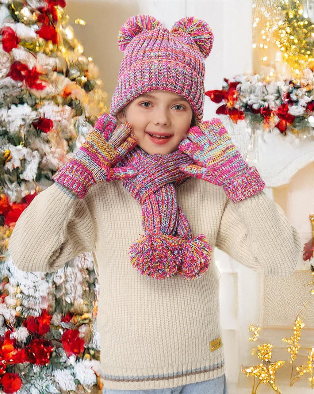 Kids Winter Hat Gloves Scarf Set, Toddler Girls Boy Fleece Lined PomPom Beanie Hat Kint Neck Long Scarf Warm Mittens