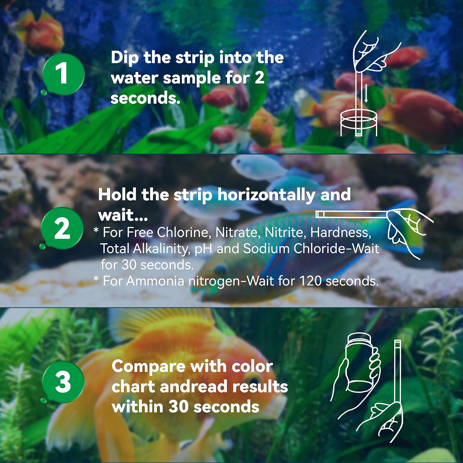 Aquarium Ammonia Test Strips,8-Way Aquarium Test Kit for Freshwater | 50 Strips Fish Tank Pond Test Strips,Test
