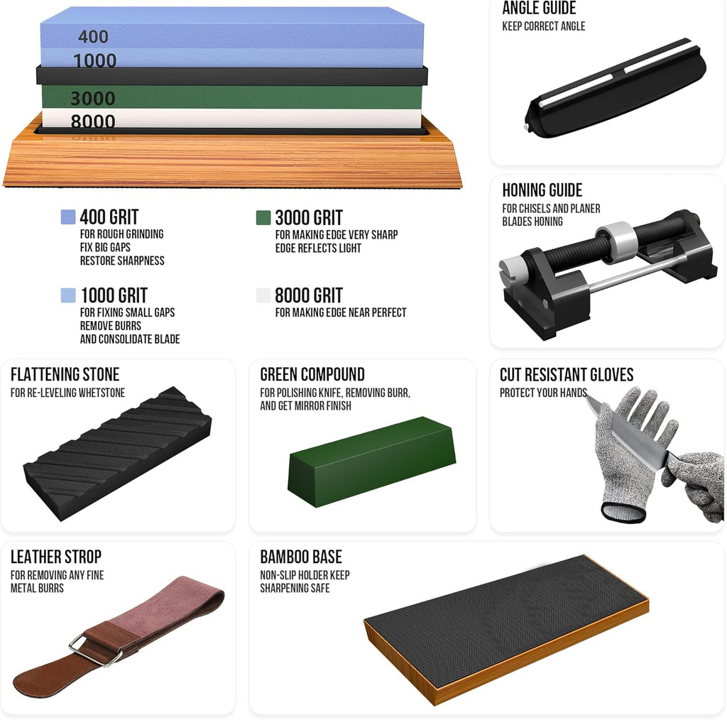 Whetstone Knife Sharpening Stone Set, Double-Sided Grit 400/1000 3000/8000 | Complete Knife Sharpener Stone Kit with