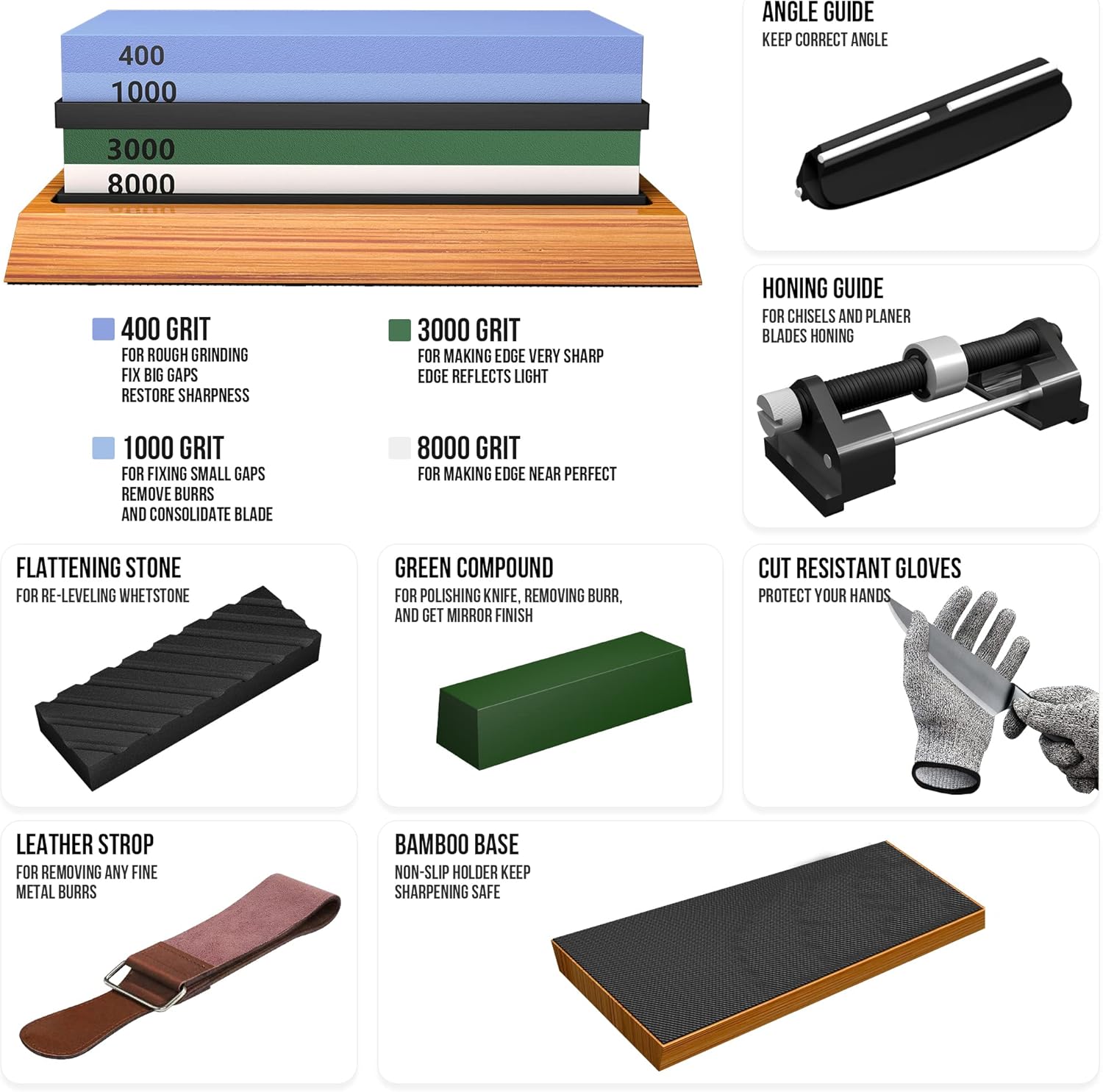 Whetstone Knife Sharpening Stone Set, Double-Sided Grit 400/1000 3000/8000 | Complete Knife Sharpener Stone Kit with