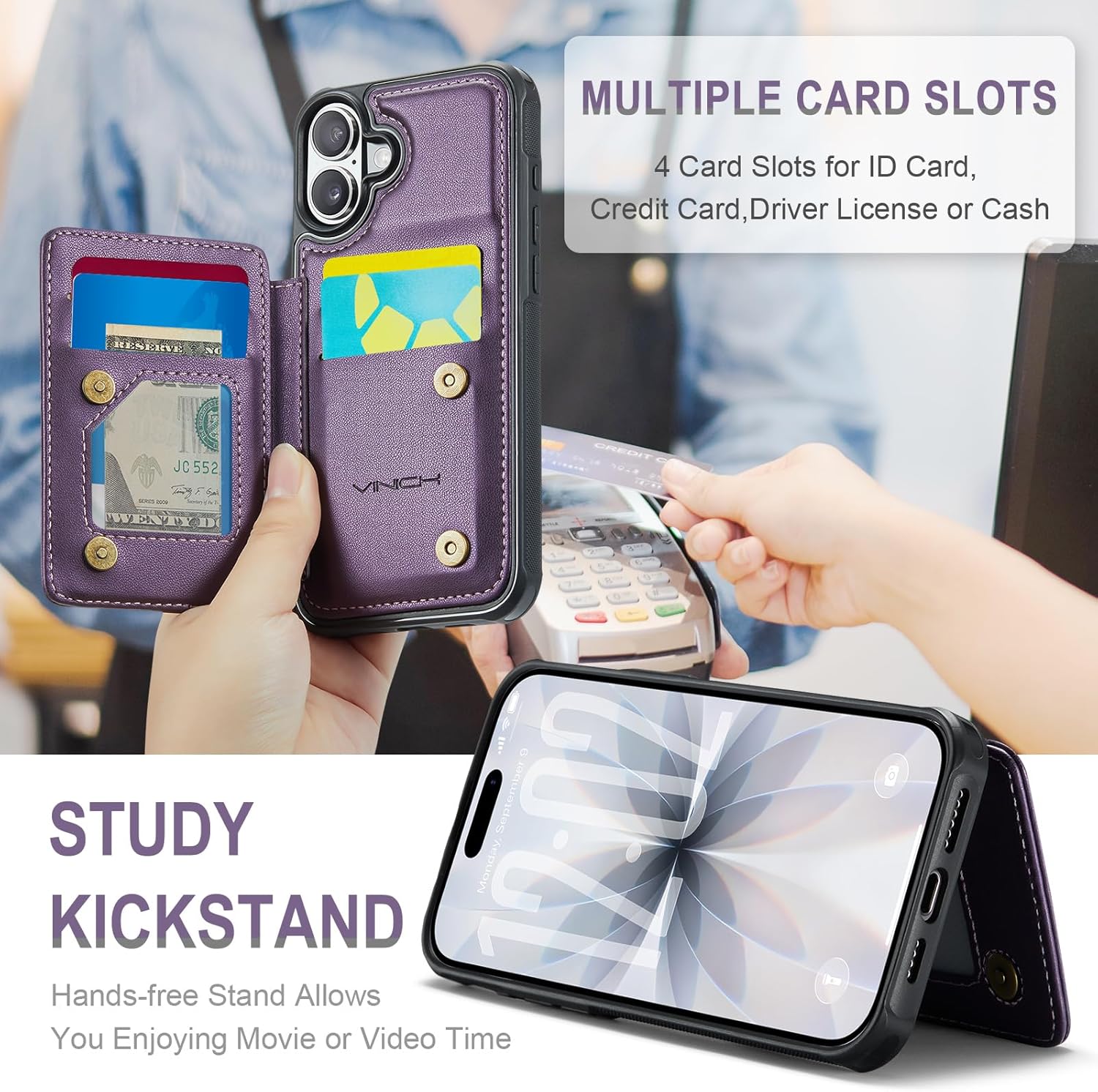 for iPhone 17 Wallet Case with Card Holder, RFID Blocking Credit Slots Kickstand Shockproof Phone Cover Fit for