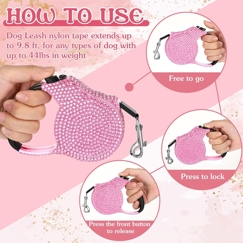 2 Pack Rhinestone Retractable Dog Leash and Bag Holder Set Pink Bling Bone Shaped Pet Waste Bags Dispenser with Metal