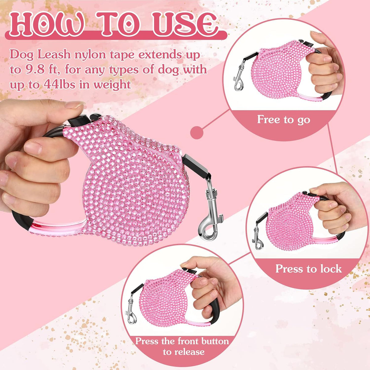 2 Pack Rhinestone Retractable Dog Leash and Bag Holder Set Pink Bling Bone Shaped Pet Waste Bags Dispenser with Metal