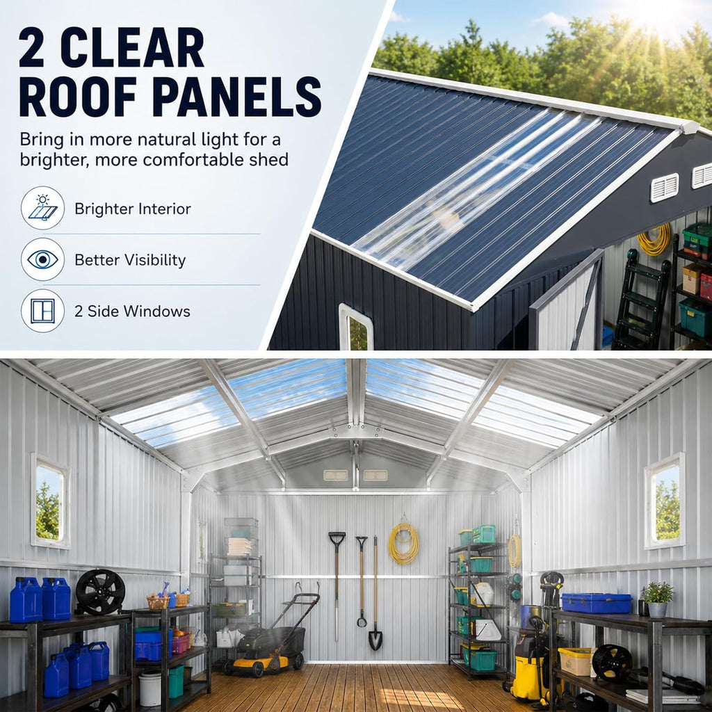 10x12 FT Metal Storage Shed with Reinforced Frame | 20‑Gauge Galvanized Metal Shed, Lockable Double Doors, Skylights