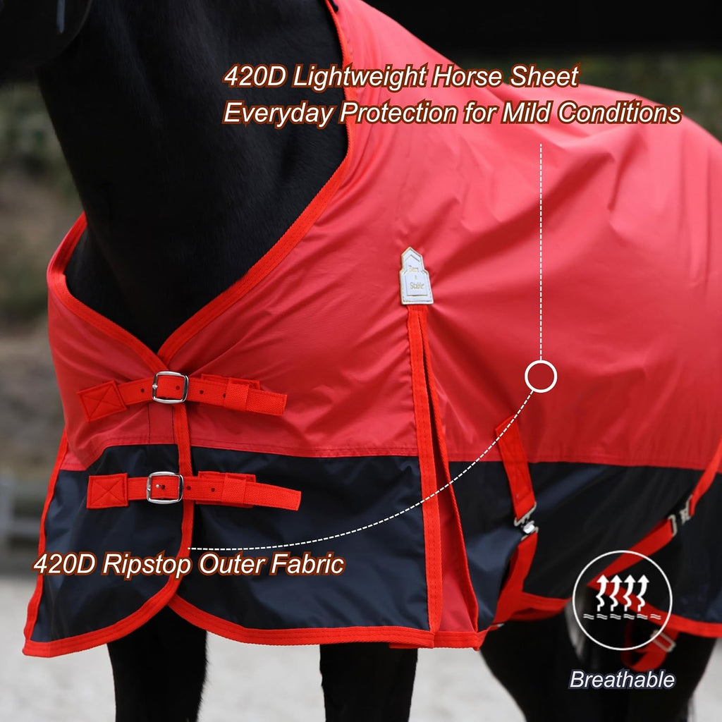 420D Ripstop Lightweight Horse Turnout Sheet, No Fill, Water-Resistant & Breathable Horse Blanket for Spring and Mild