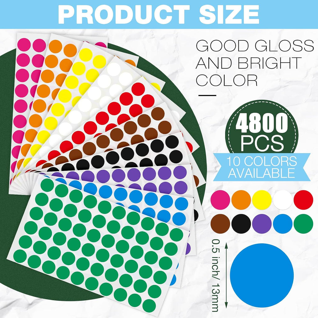 4800 Pieces 1/2 Inch Colored Dot Stickers Round Labels 10 Colors