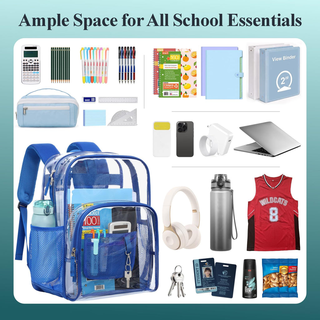 Clear Backpack for School - 17 inch Heavy Duty Bookbag, Bright Blue