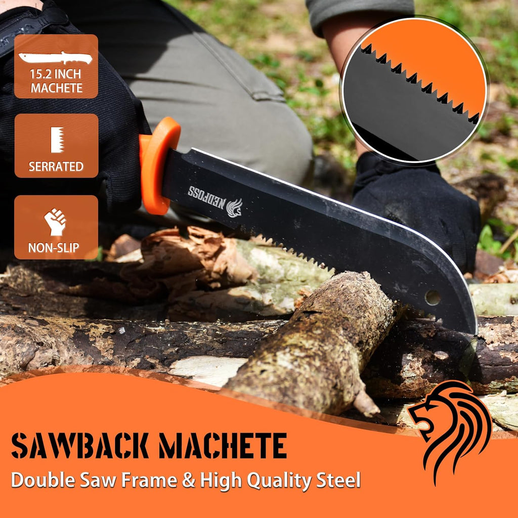 15 Inch Machete, 10 Inch Camping Axes Hatchets Machetes Knife Set | with Shock Reduction Handle, Survival Machete for