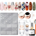 16Pcs Fall Nail Stamping Kit French Tip Stamper Plaid Stamp Plate