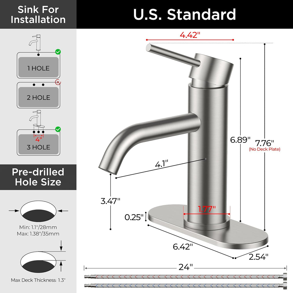 Bathroom Faucet 1 Hole, Single Handle Sink Faucets Brushed Nickel