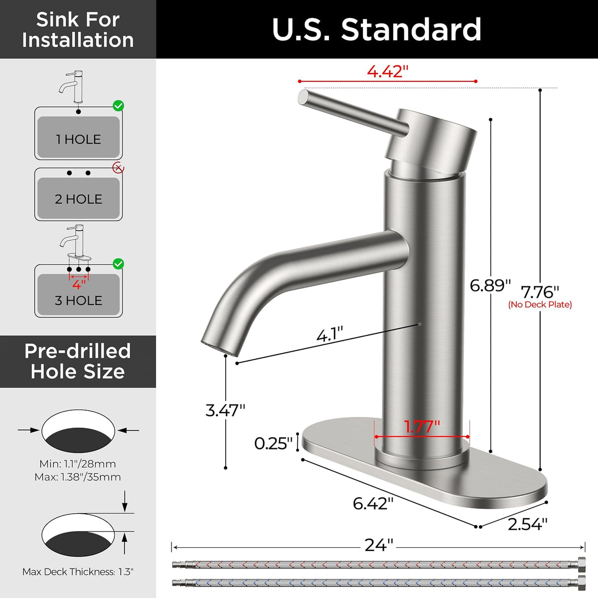 Bathroom Faucet 1 Hole, Single Handle Sink Faucets Brushed Nickel