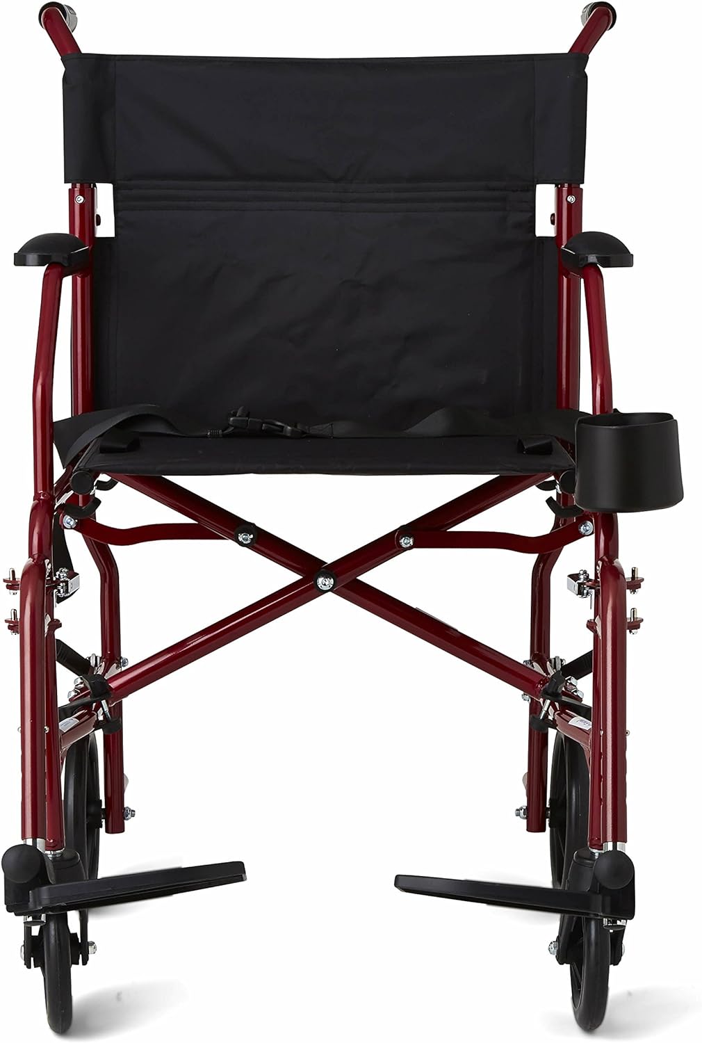 Ultra Lightweight Transport Wheelchair for Adults, Foldable, 19-Inch Seat Width, Red Frame, Black Upholstery