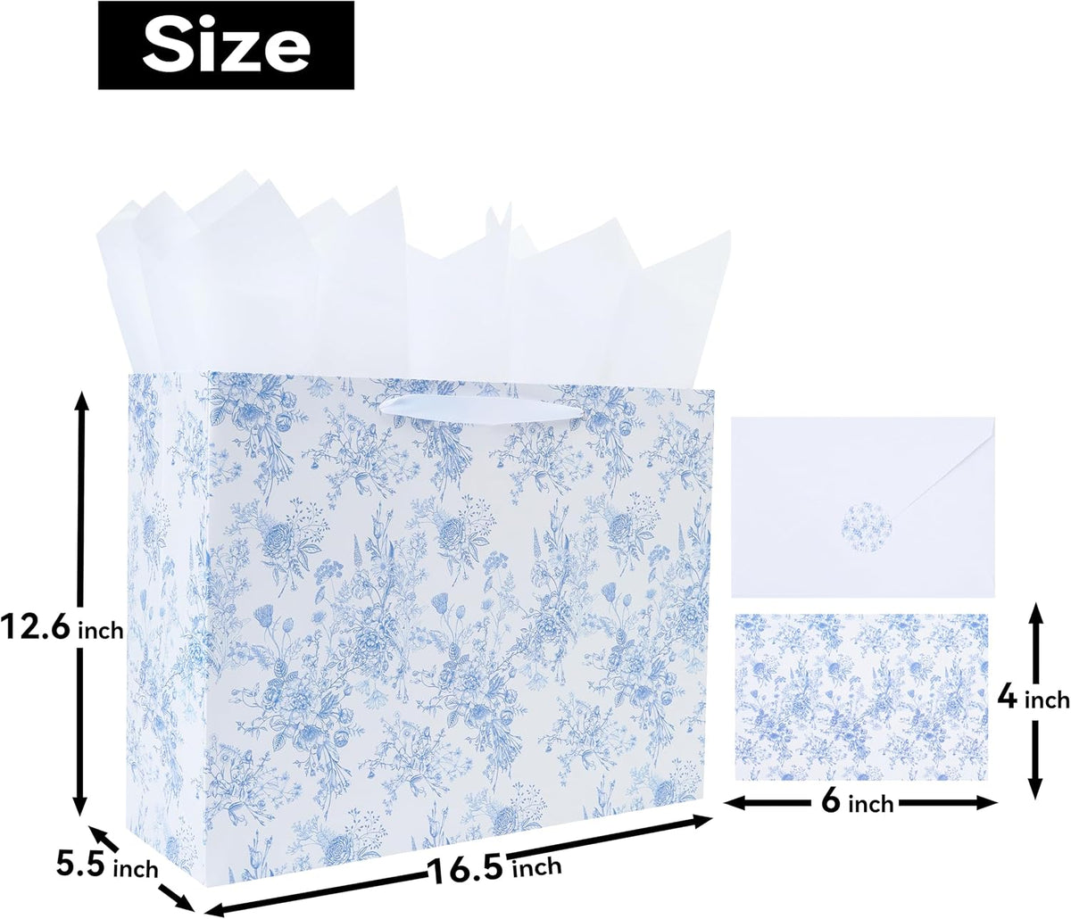 16.5" Extra Large Blue Floral Gift Bag Set with Handles, Greeting Card, White Tissue Papers and Stickers for Women