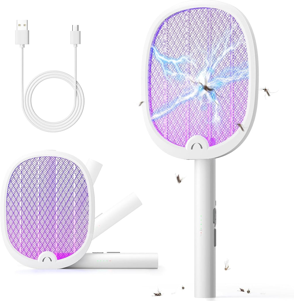 Electric Fly Swatter Foldable Bug Zapper Racket 2 in 1 Mosquito Killer with Purple Attractant Light Rechargeable