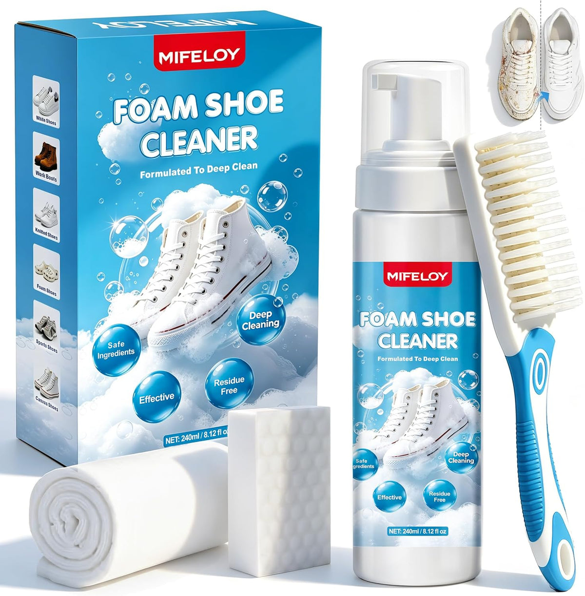 Shoe Cleaner 8.12 oz (240ml) – Sneaker Cleaner Foam for White Shoes, Tennis Shoes & More, Remove Dirt & Stains