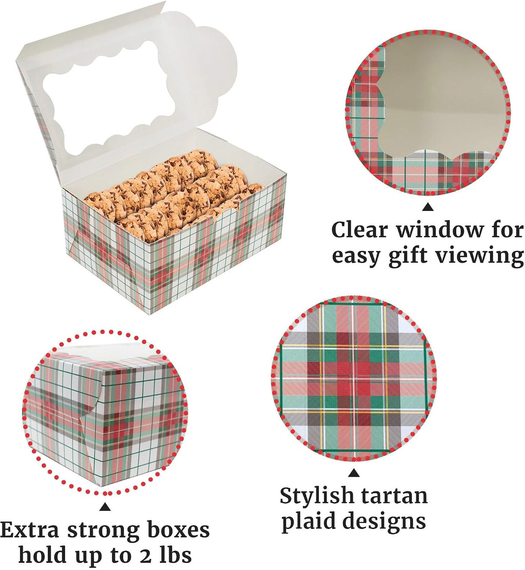 Christmas Cookie Boxes - 12 Pack - Tartan Plaid Bakery Gift Box with Window