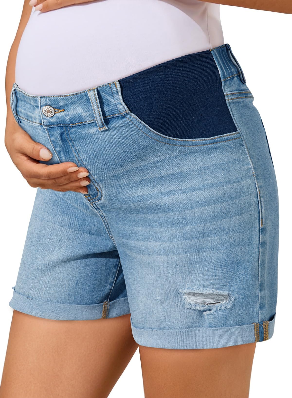 Womens Maternity Ripped Jean Shorts Fold Hem Myosotis Blue L