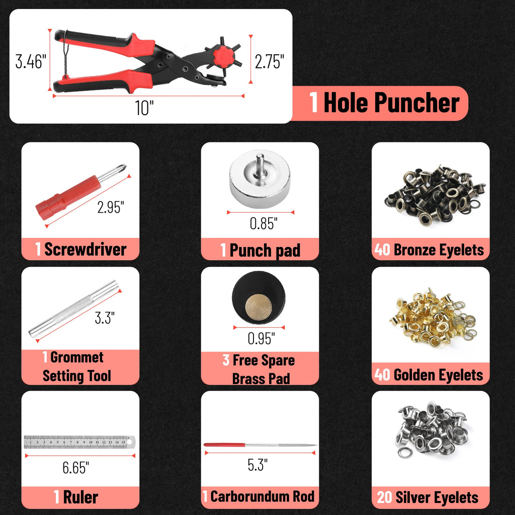 Leather Hole Punch Tool Set, Red Handle, Multi Punch Sizes, Belt Hole Puncher for Leather, Belts, Straps, Pet