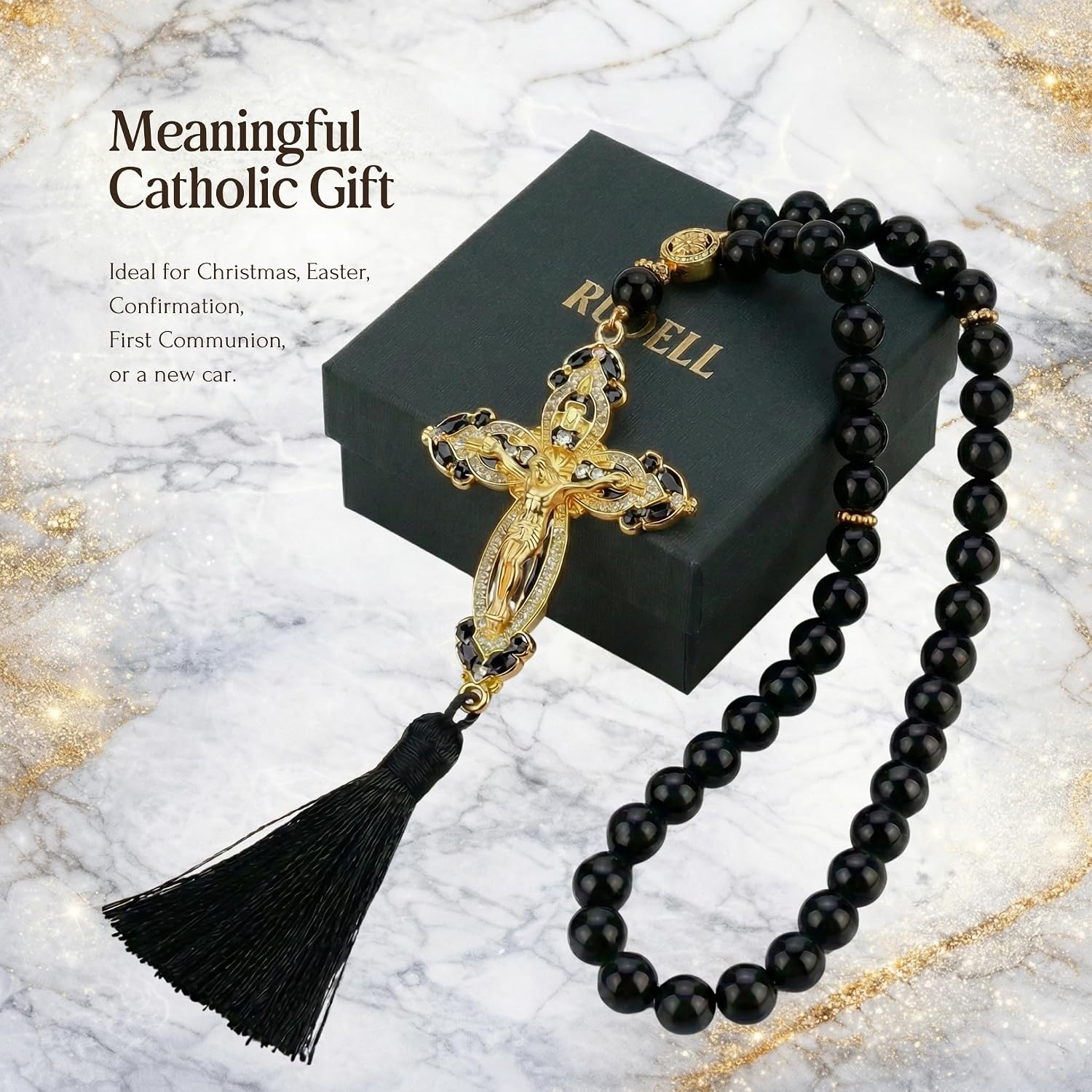 Catholic Car Rosary for Rearview Mirror, Black 40-Bead Rosary with Saint Benedict Cross, Cross for Car Mirror