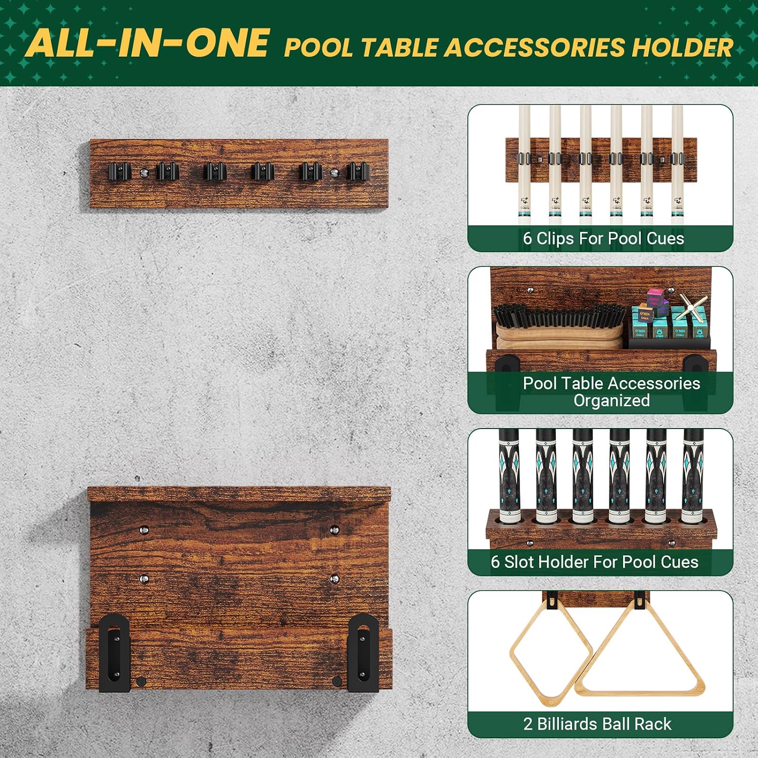 Wall Mount Pool Cue Holder – Hardwood Billiards Cue Rack for 6 Sticks, Pool Stick Wall Mount Storage Organizer, Pool