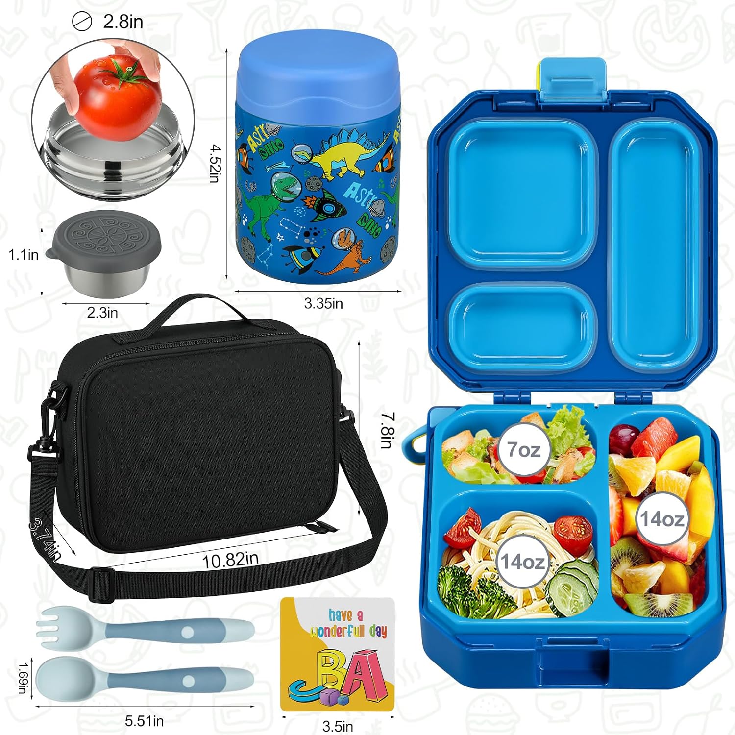 Bento Lunch Box for Kids with 12oz Soup Thermo Leak-Proof Lunch Food Container with 5 Compartment Thermo Hot Food Jar