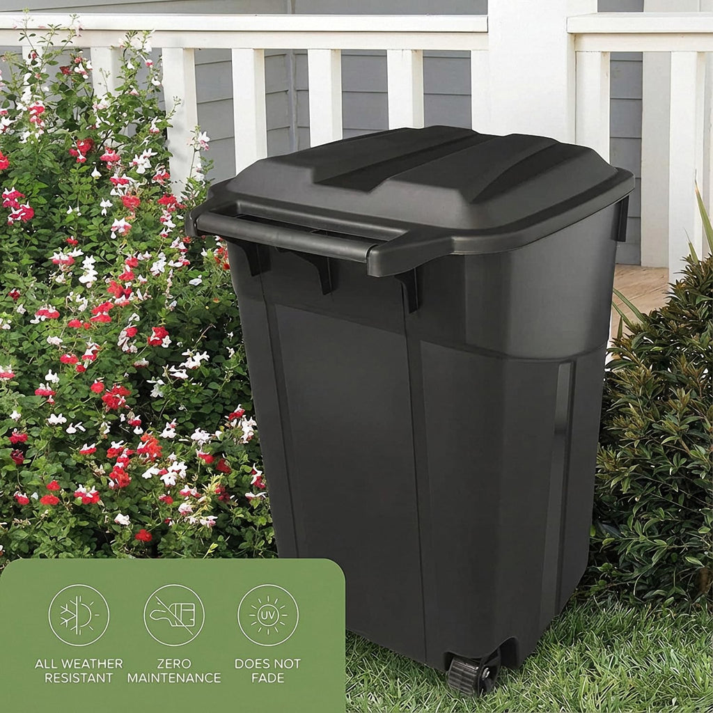 32 Gallon Outdoor Trash Can with Lid, Heavy-Duty Wheeled Garbage Bin for Backyard, Deck or Garage, Black, Can with