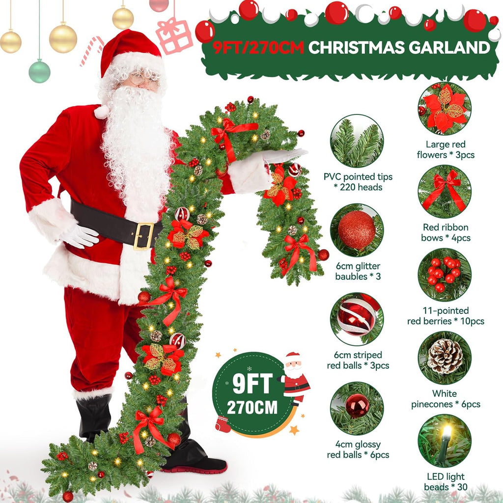 Christmas Garland with Lights, 9FT 30 LED Prelit Christmas Garland with Pinecones, Flowers, Bows, Outdoor Indoor