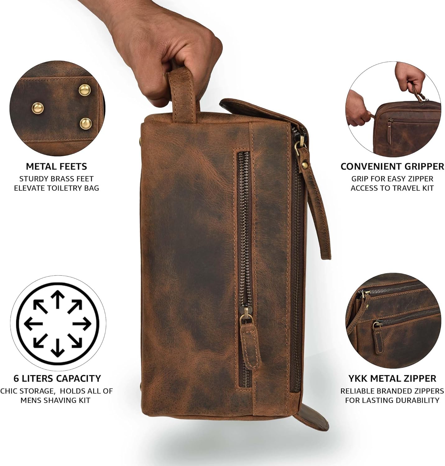 Genuine Leather Travel Toiletry Bag - Water-Resistant Dopp Kit for Toiletries, Large Shaving Bag & Bathroom Organizer
