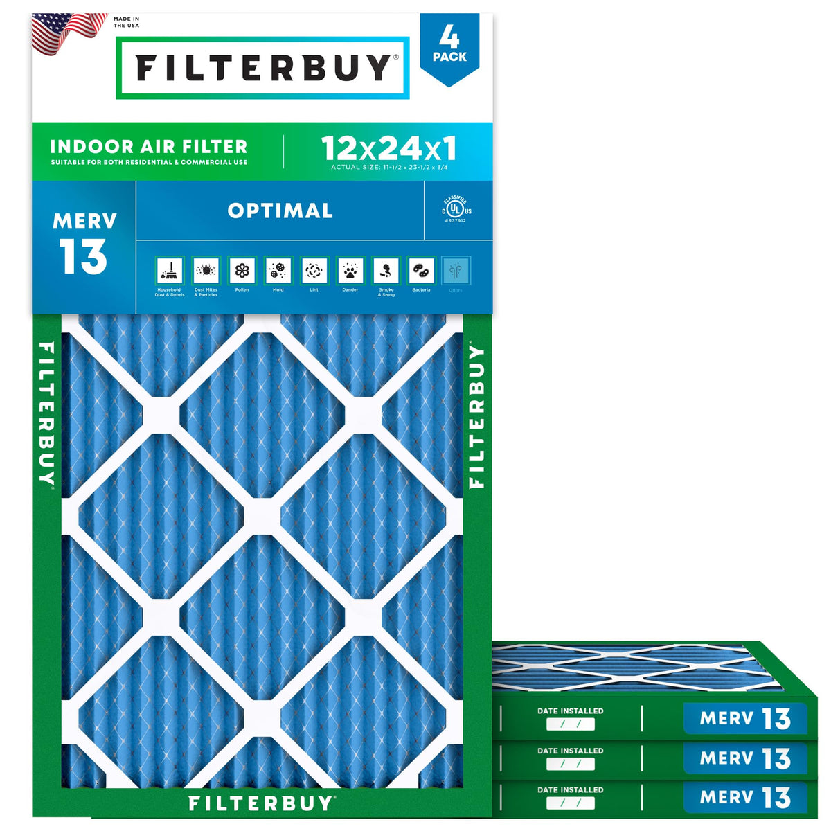 12x24x1 Air Filter MERV 13 Smoke & Allergy Defense (4-Pack)