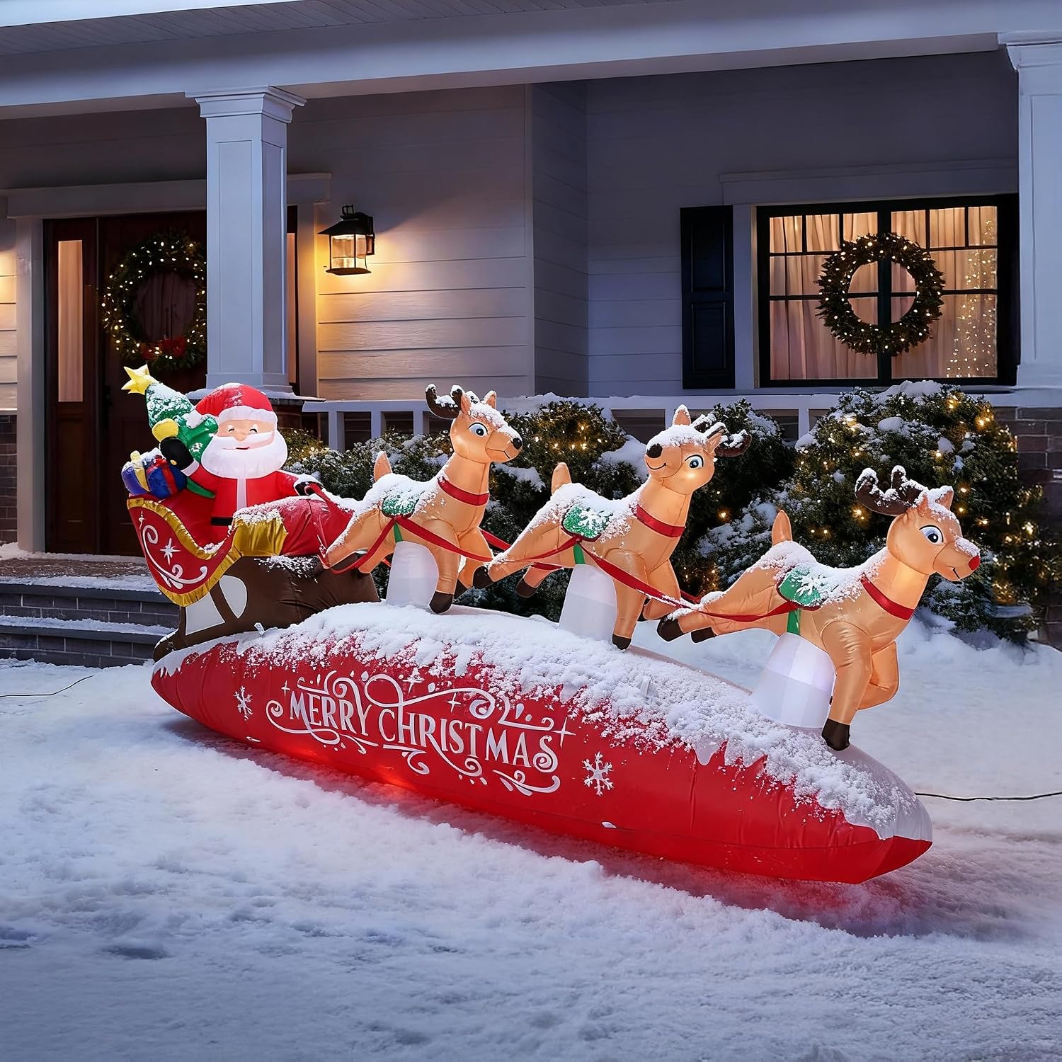 10 FT Santa Sleigh with Reindeer Christmas Inflatables Outdoor Decorations, Christmas Blow Up Yard Decorations for