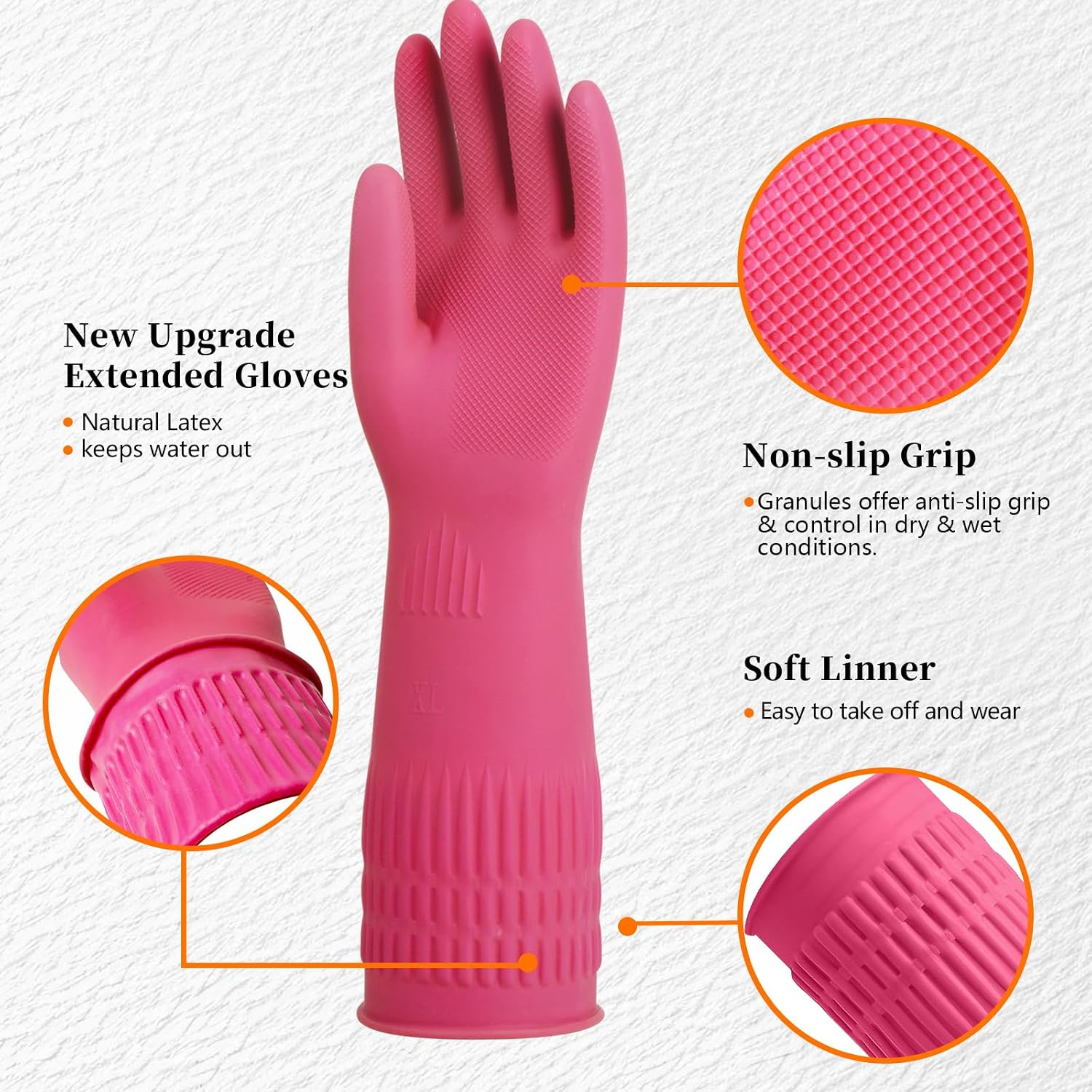 Rubber Gloves for Cleaning – 3 Pairs Reusable Gloves for Dishwashing, Kitchen and Household Tasks, 15-Inch Long
