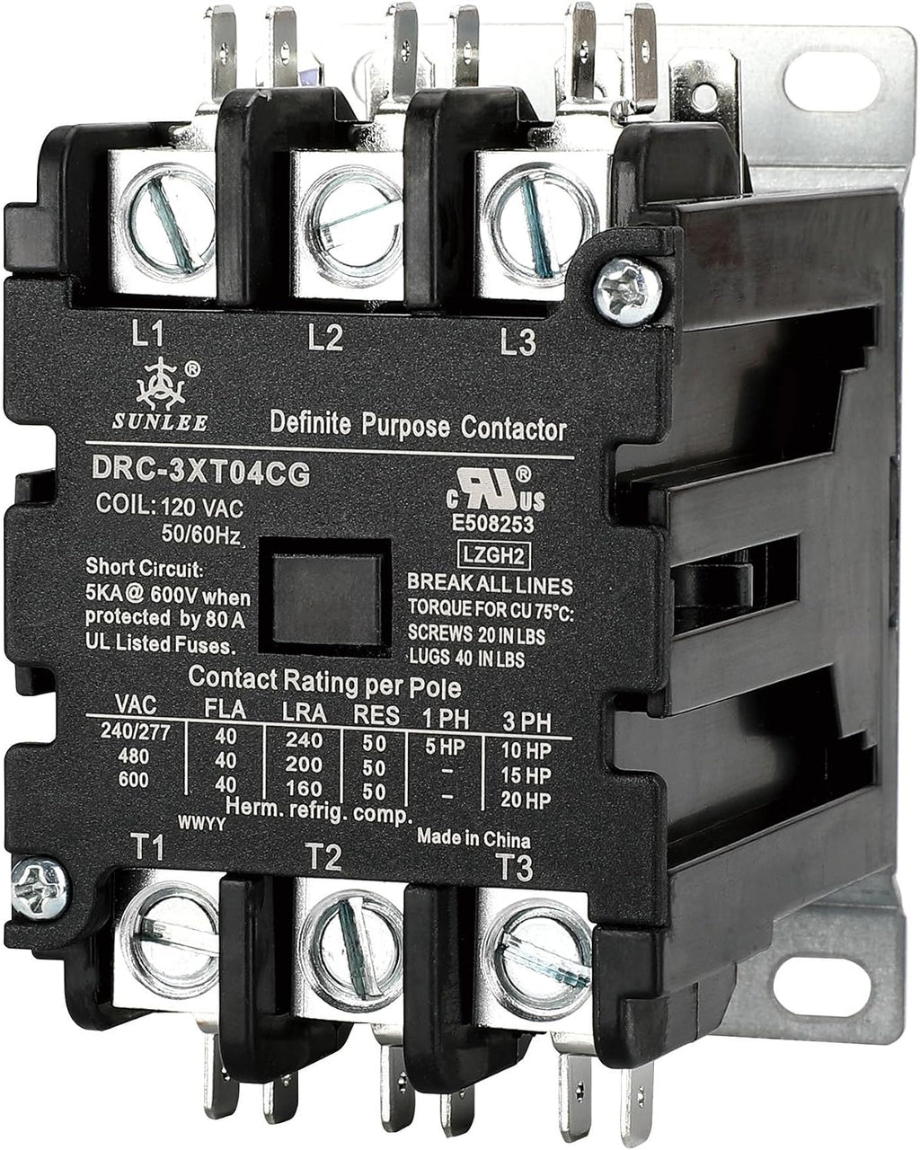 SunLee 3 Pole 40 Amp contactor 120V coil UL DP Contactor HVAC Contactor A2L Compliant 42CF35AF equivalent