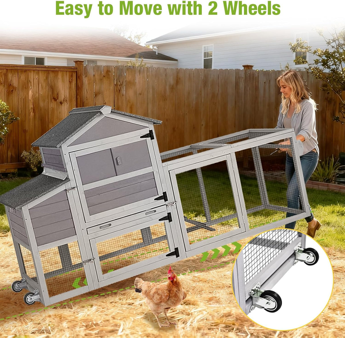 Mobile Chicken Tractor with 2 Nesting Boxes, 81" Large Wooden Chicken Coop for 2-4 Chickens, Predator Proof Poultry