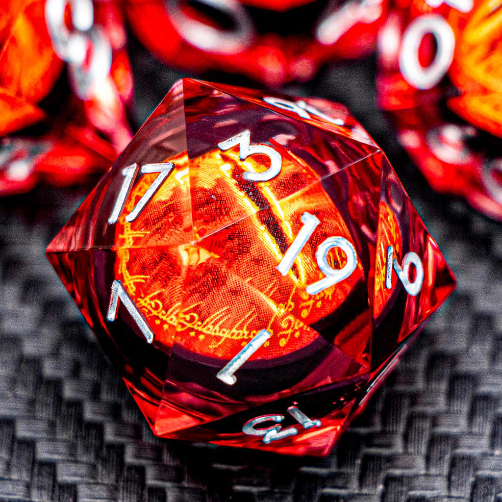 RPG Resin Dice Gazes Eye Dice Silver Red Liquid Core Flaming RPG Sharp Edged Dice Set with Gift Box, Polyhedral D and