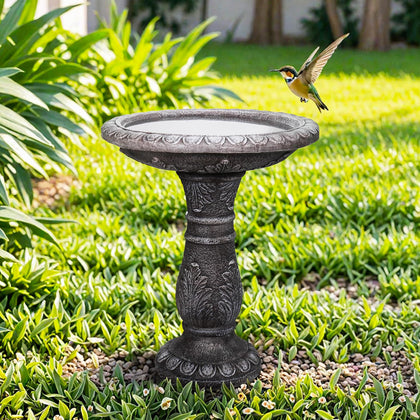 24.4” H x 20” Dia Outdoor Birdbath with Intricate Floral Carvings Pedestal - Fibre Reinforced Concrete Birdbaths