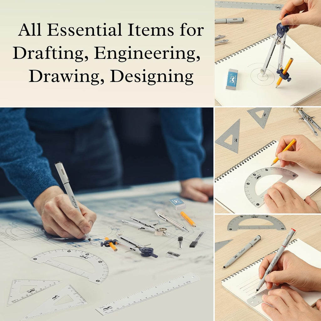 Professional Geometry Set, 15 pcs, Drafting Tools with Protractor | Compass, Metal Ruler, Triangles, Pens & Pencils