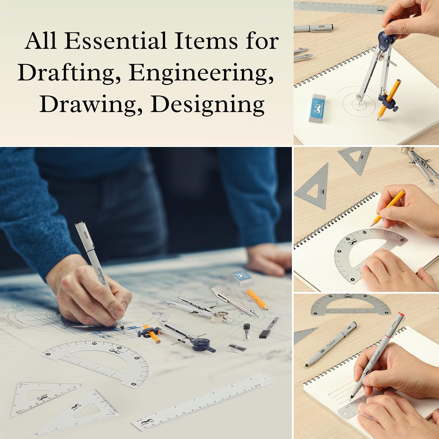 Professional Geometry Set, 15 pcs, Drafting Tools with Protractor | Compass, Metal Ruler, Triangles, Pens & Pencils