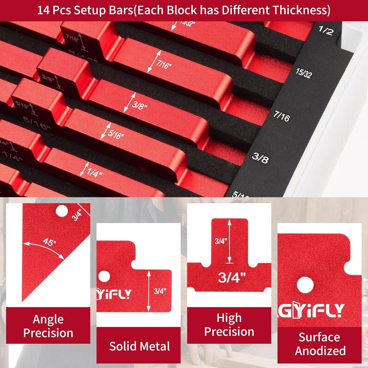 Setup Blocks Woodworking, 14pcs Aluminum Setup Blocks Height Gauge Set for Router Table Saw and Angle Measure Set up (Each Setup Bars has Different Thickness)
