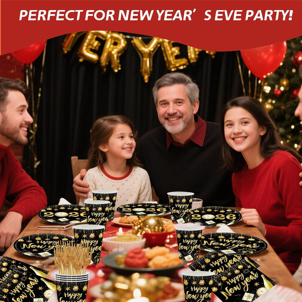 New Years Party Supplies Set,Packs with Plates, Cups, Napkins & Forks, Disposable for 24 Guests,Plates and Napkins