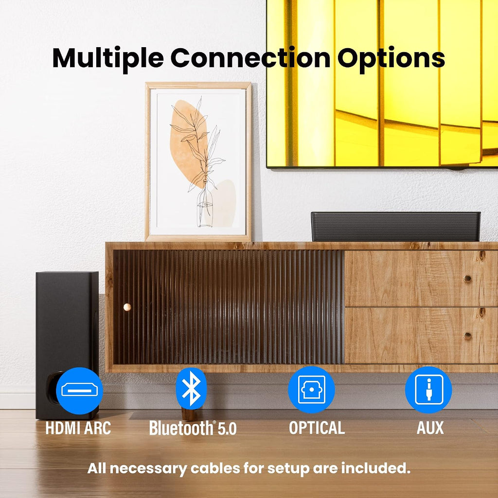 2.1 Compact Sound Bars for TV with Subwoofer, HDMI ARC/Bluetooth 5.0/Optical/AUX/RCA Connection, Remote Control