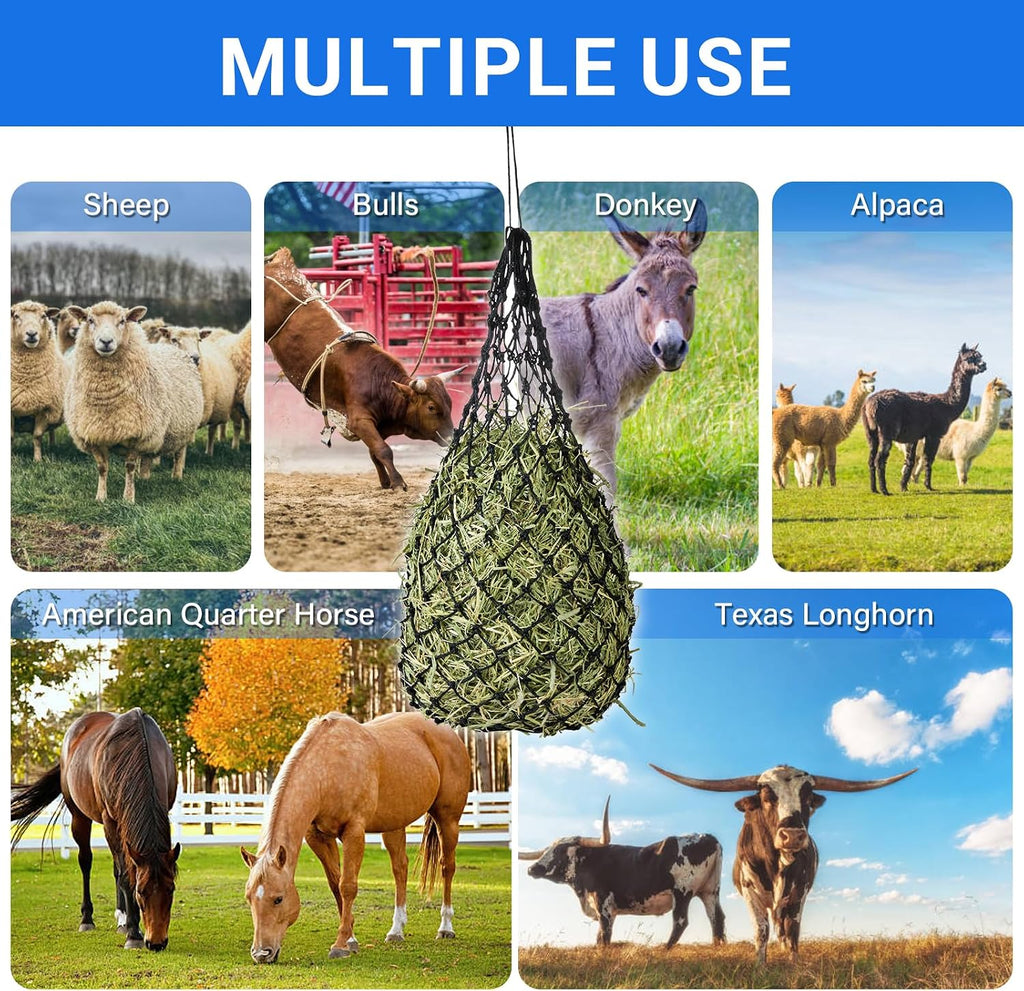 2-Pack Heavy Duty Hay Bags, Slow Feeder for Horses & Goats with 2-Inch Holes, Adjustable Drawstring Hay Net to Reduce