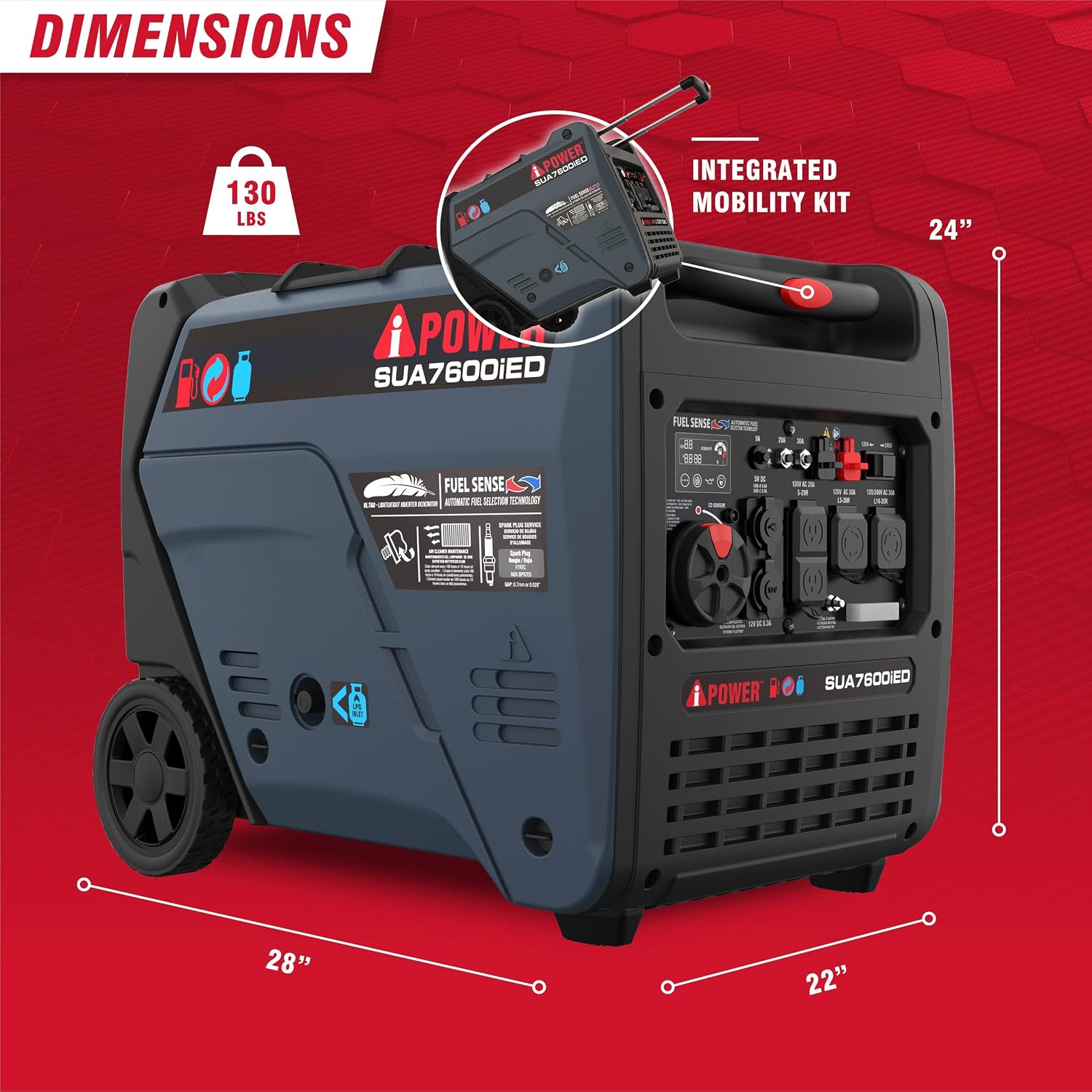 7600W Dual Fuel Quiet Portable Inverter Generator, Electric Start RV Ready, EPA & CARB Compliant CO Sensor, With