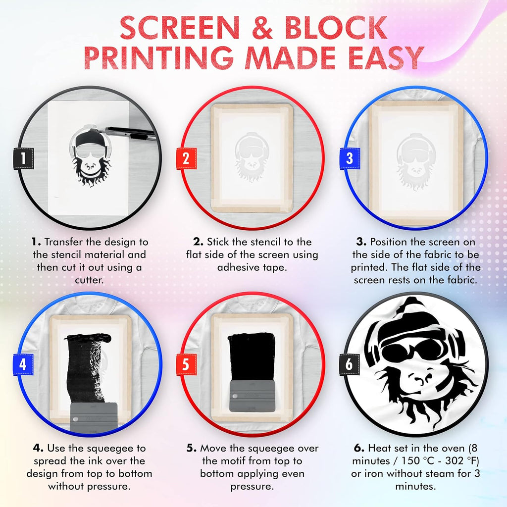 Screen Printing Kit Set - Screen Print Kit with Reusable Wooden Frame, 1 Screen Printing Squeegee, and 3 x 100ml Ink