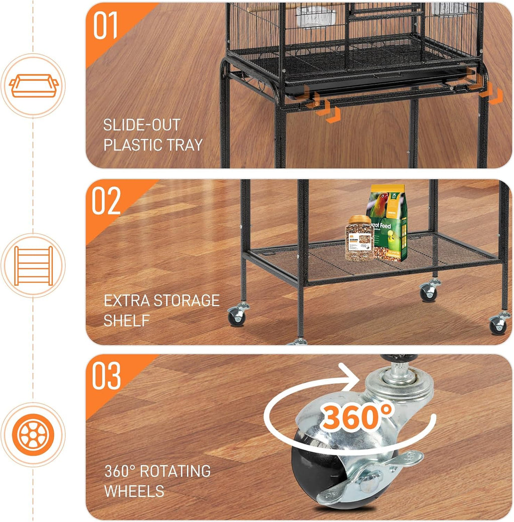 53-inch Bird Cage with Wheels, Durable Wrought Iron Parakeet Cage with Slide Out Tray, Black Bird Cages for
