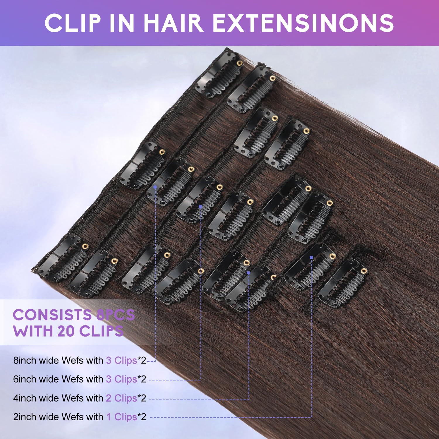Dark Brown Invisible Clip in Hair Extensions Real Human Hair Weft Clip Ins | 16 Inch 90g, 8pcs Per Set, Double Weft